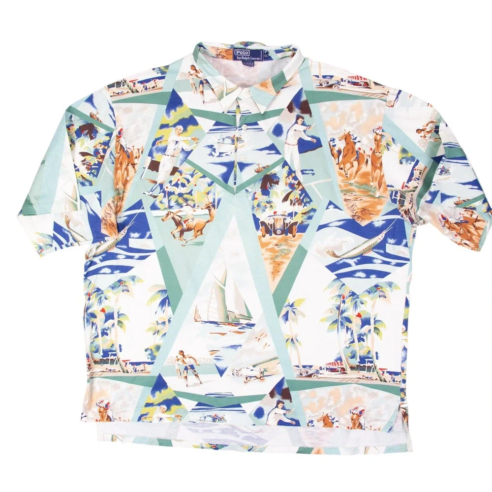 RARE VTG '91 Polo Ralph Lauren Mens L Lawn Tennis Leisure Sport Print Polo Shirt
